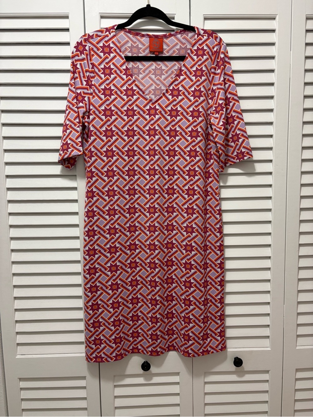 Tracy Negoshian Geometric Print Long Sleeve Dress in Pink and Red
